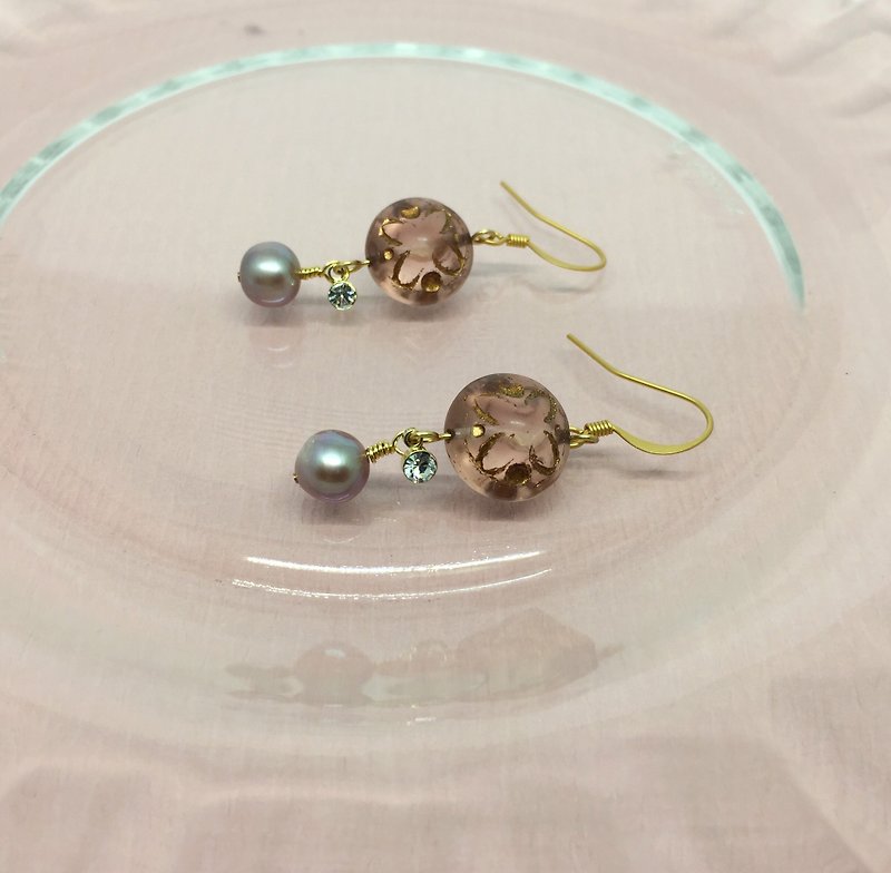 描金珍珠耳环 -粉色珠及紫色珍珠 - 耳环/耳夹 - 其他材质 
