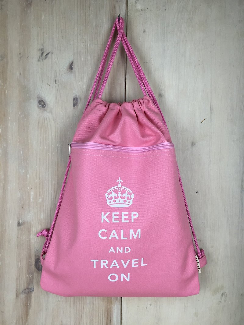 Keep Calm and Travel On 帆布束口背包系列 (粉红) - 束口袋双肩包 - 棉．麻 粉红色