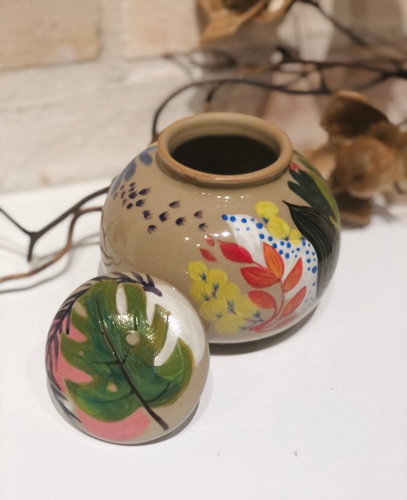纯手工制作绘制 陶瓷 茶叶罐 密封罐 龟背芋 植感系列茶仓 - 茶具/茶杯 - 陶 蓝色