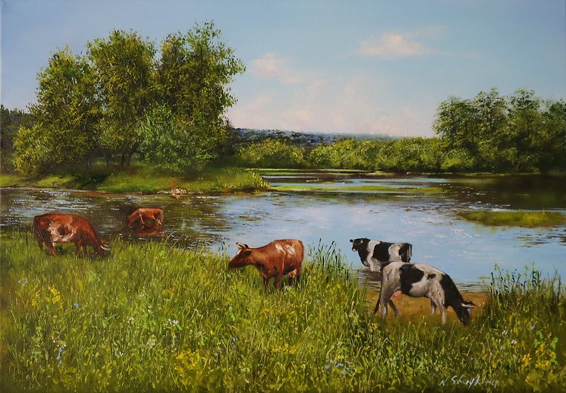 乡村风景原创油画与牛浇水，农场生活 - 墙贴/壁贴 - 其他材质 绿色