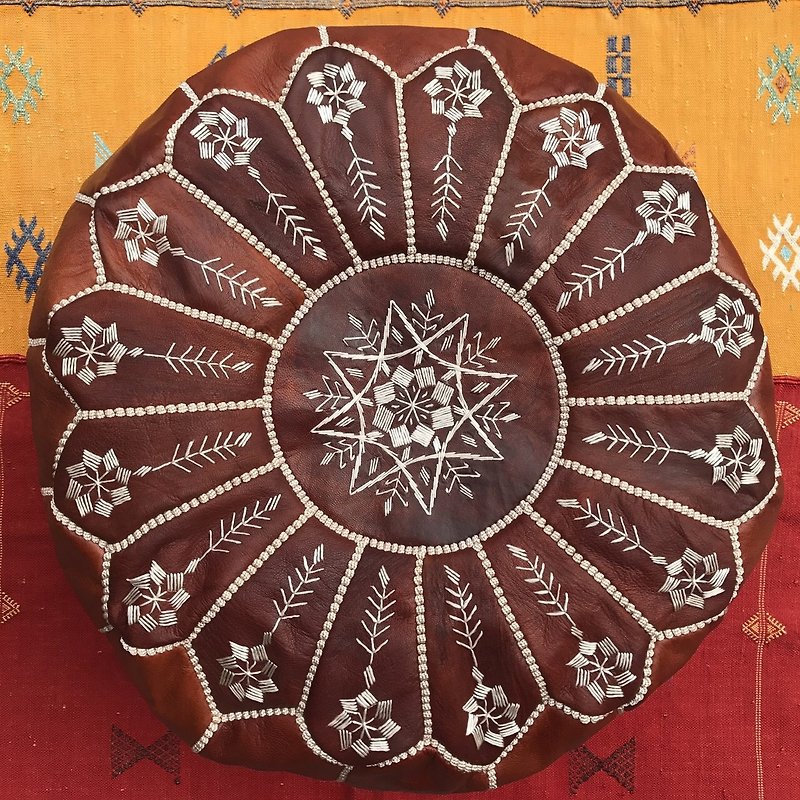 摩洛哥 手工刺绣 皮坐垫 Moroccan Pouf 浅色 - 其他家具 - 真皮 咖啡色