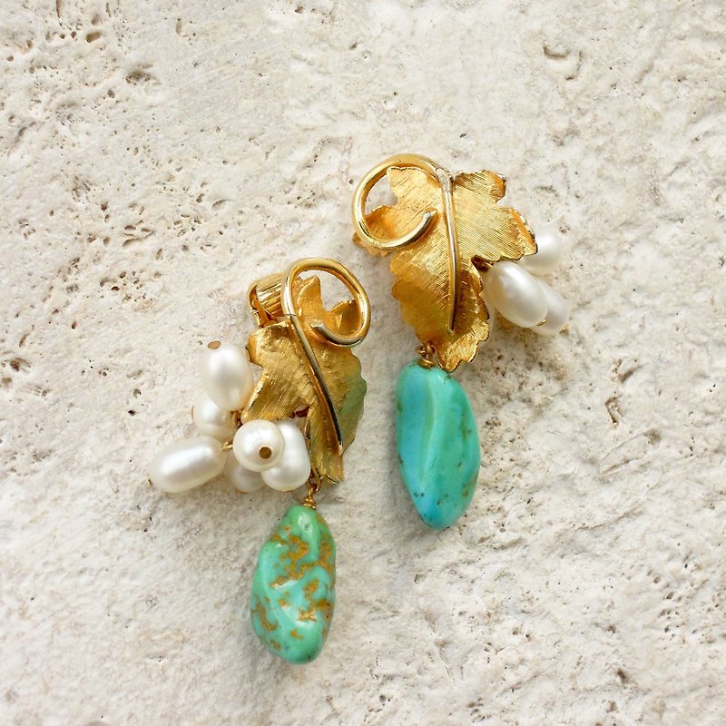 金藤蔓・土耳其石与珍珠古董耳夹 - 耳环/耳夹 - 半宝石 