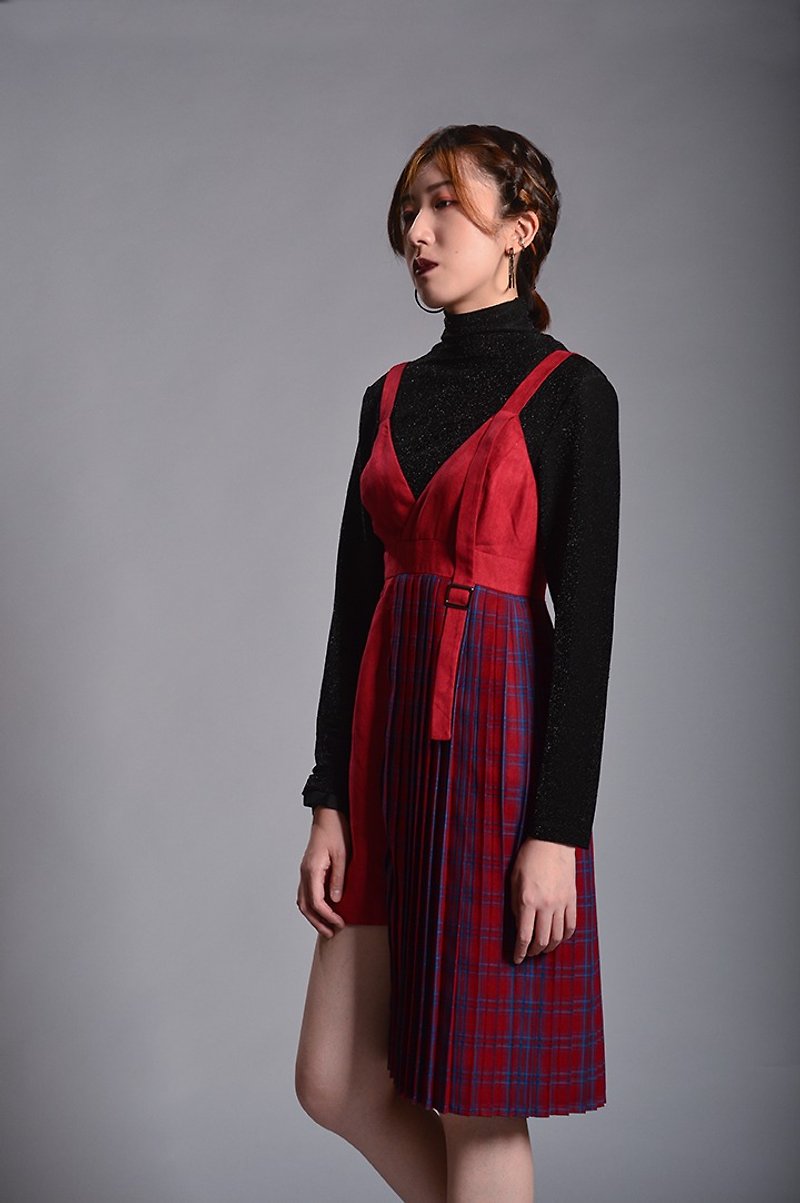 格纹吊带连身裙 - 洋装/连衣裙 - 聚酯纤维 红色