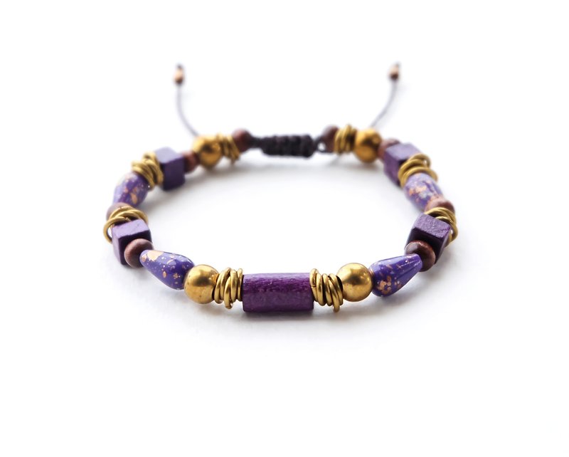 Purple wooden and mixed beads brass materials string bracelet - 手链/手环 - 其他材质 紫色