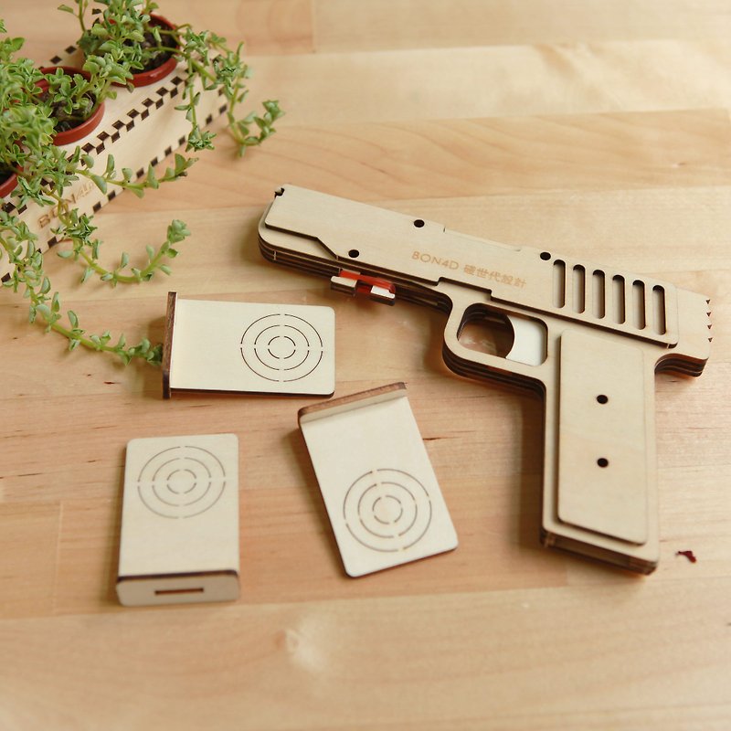 四连发橡皮筋手枪/橡皮筋手枪/木制玩具/圣诞礼物/交换礼物 - 玩具/玩偶 - 木头 咖啡色