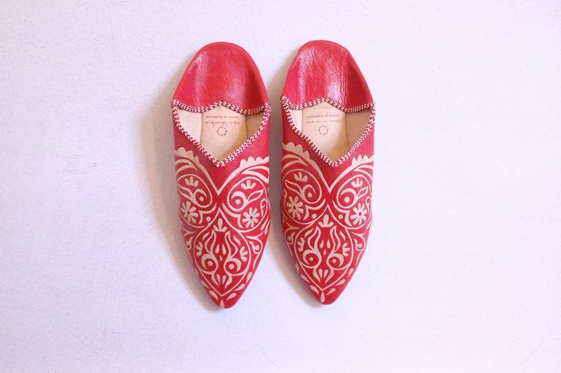 摩洛哥 皮雕手工鞋 罂粟花 踩脚鞋 室内鞋 - 室内拖鞋 - 真皮 红色