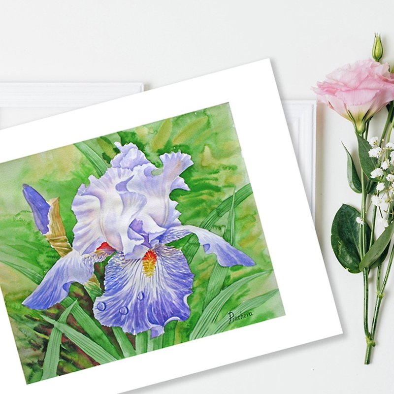 Poster Iris Drops of Dew in the Garden, Watercolor Flowers for Gift - 海报/装饰画/版画 - 纸 蓝色