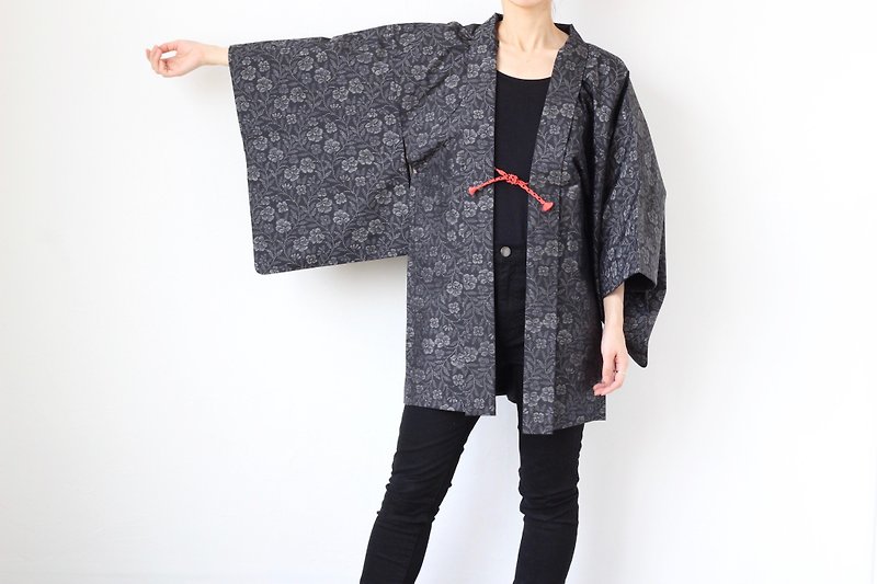 floral kimono, EXCELLENT VINTAGE, Japanese fashion /4166 - 女装休闲/机能外套 - 聚酯纤维 黑色