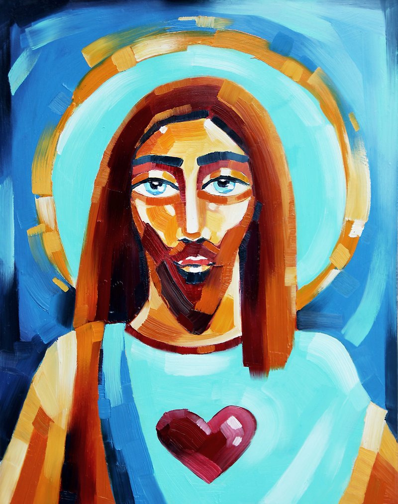 Jesus Painting Catholic Original Art Christian Wall Art Oil 28by36cm - 海报/装饰画/版画 - 其他材质 蓝色