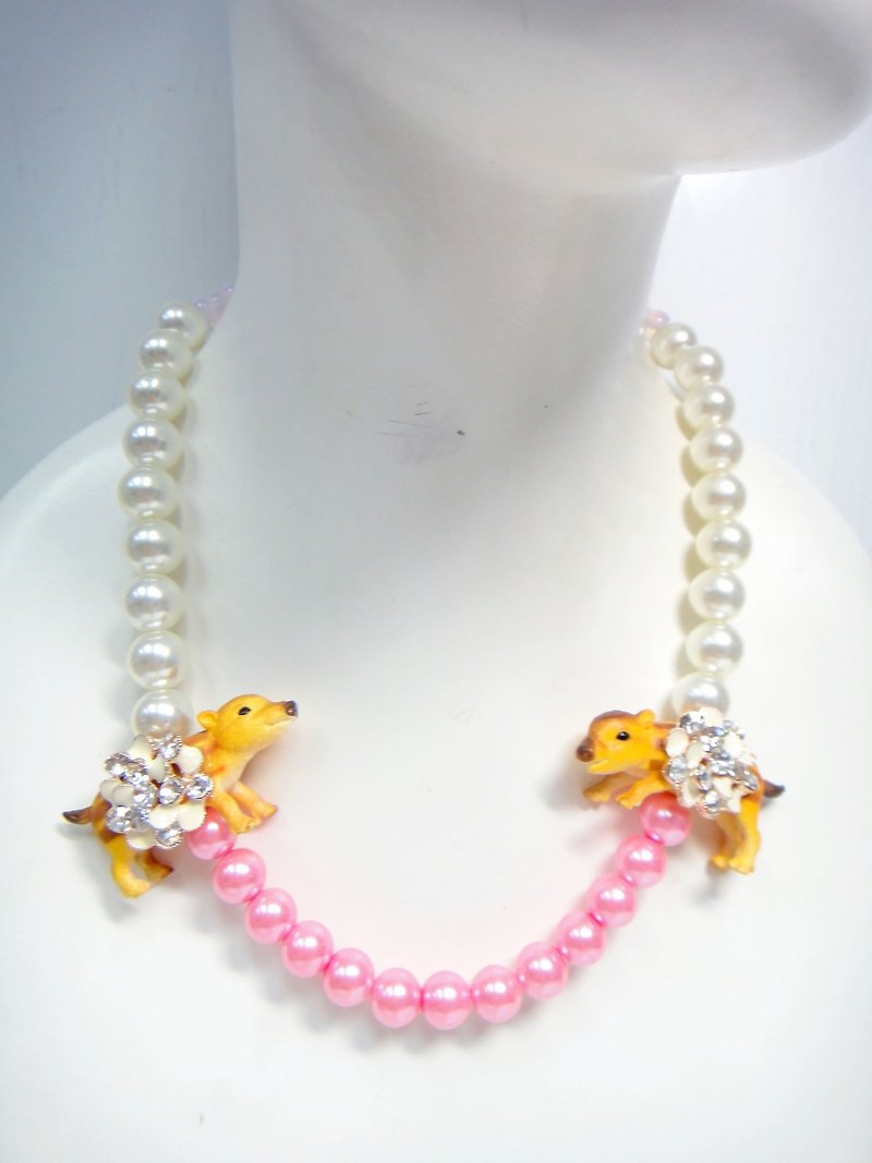 小野猪 单串宝石 玻璃珍珠 颈链 粉红 蛋白水晶 - 项链 - 玻璃 多色