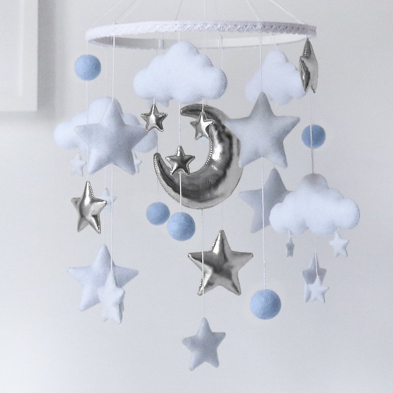 White Blue Silver Star Baby Mobile - 玩具/玩偶 - 环保材料 蓝色