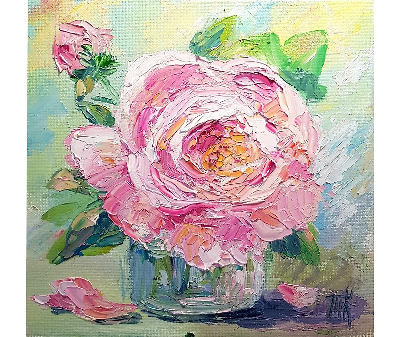 Rose Painting Flower Original Art Floral Oil Canvas Painting  Impasto Wall Art - 海报/装饰画/版画 - 其他材质 粉红色