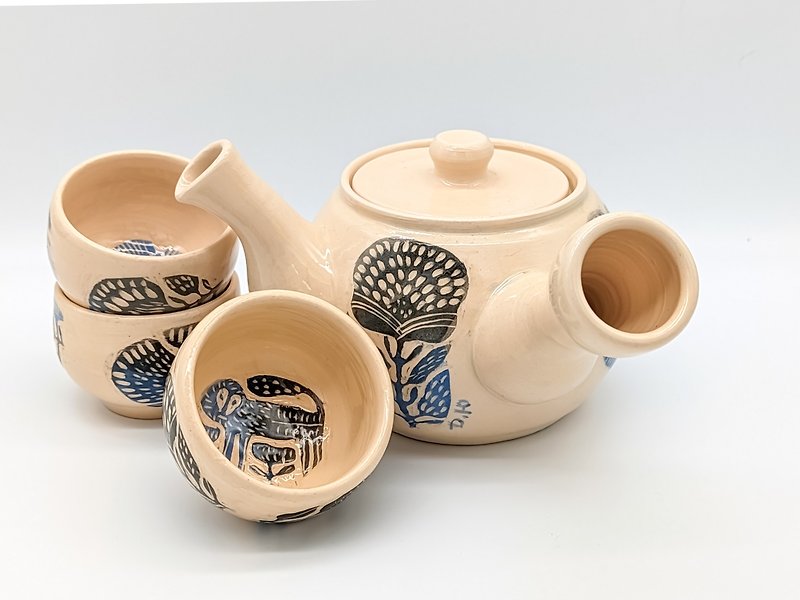 陶器茶壶 13 盎司和碗套装乌克兰 sgraffito 茶具 - 茶具/茶杯 - 陶 蓝色