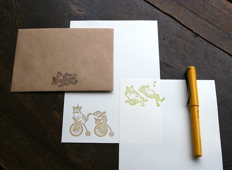 猫とカエルのレターセット　活版印刷 - 信封/信纸 - 纸 白色