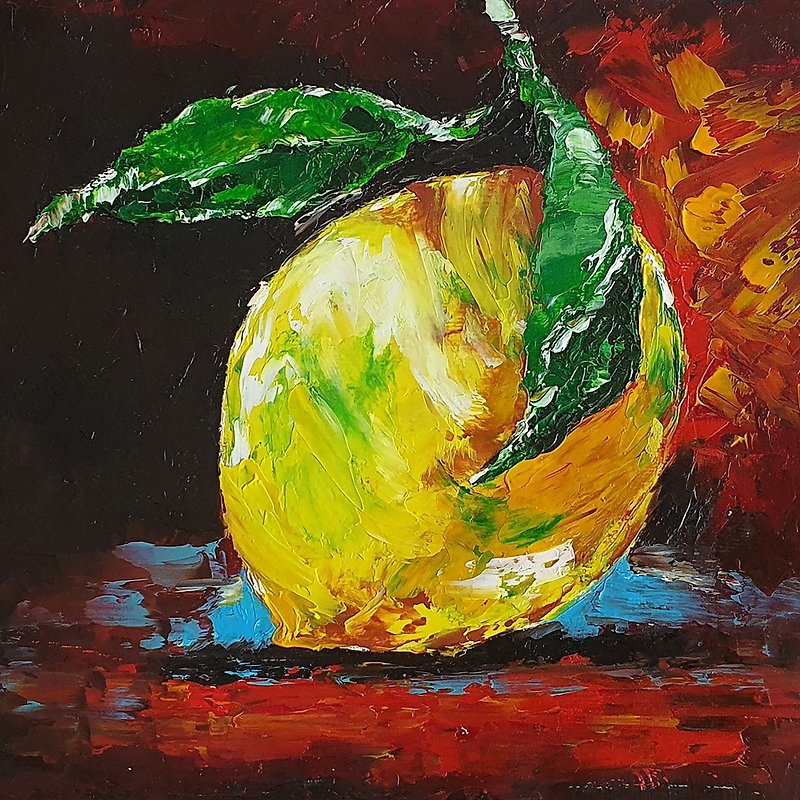 Lemon Painting Fruits Still Life Original Art Yellow Citrus Fruit Wall Art - 海报/装饰画/版画 - 其他材质 咖啡色