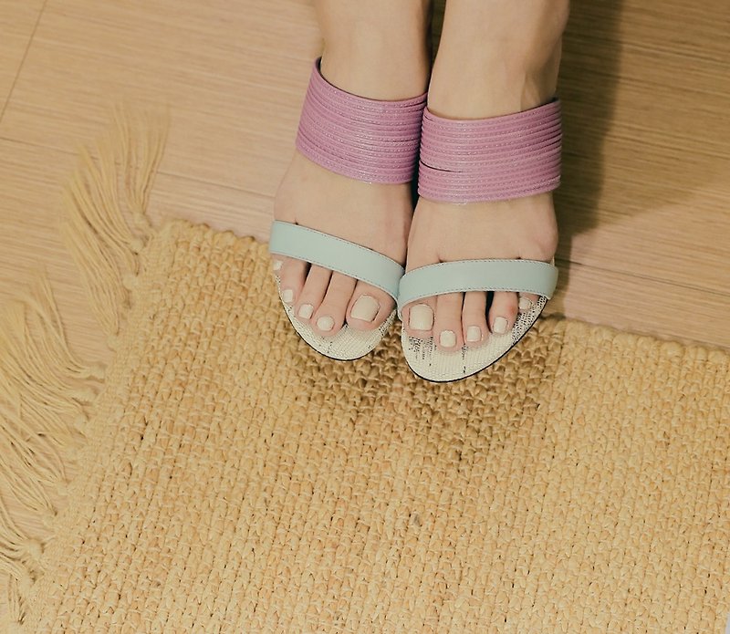 【 展示品出清 】叠绳细带 简约粗跟凉鞋 紫蓝 - 高跟鞋 - 真皮 紫色
