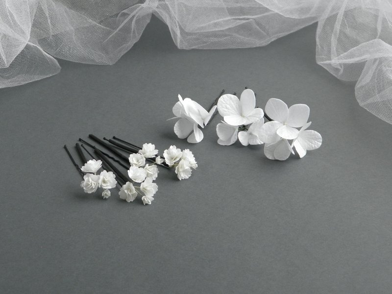White fower hair pins Bridal hair piece Baby's breath hair pins - 发饰 - 其他材质 白色
