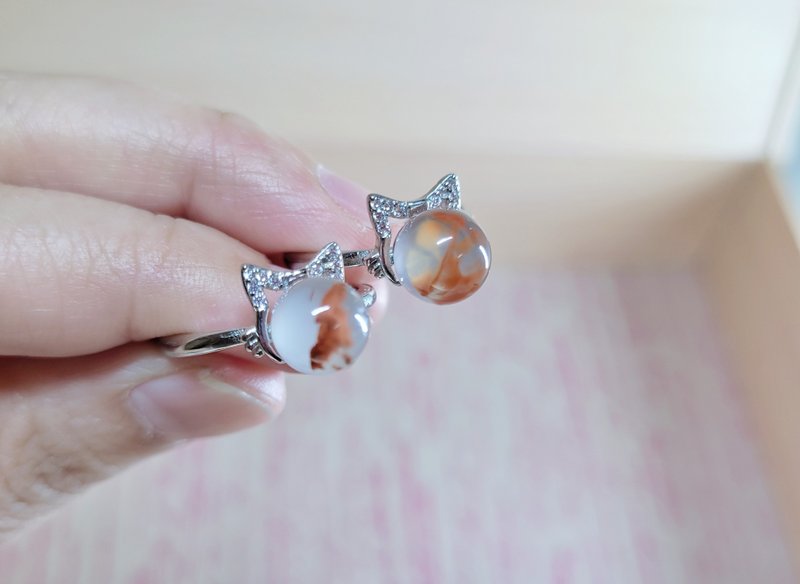 【亲翠】天然南红 飘花猫咪s925银戒 - 戒指 - 玉石 红色