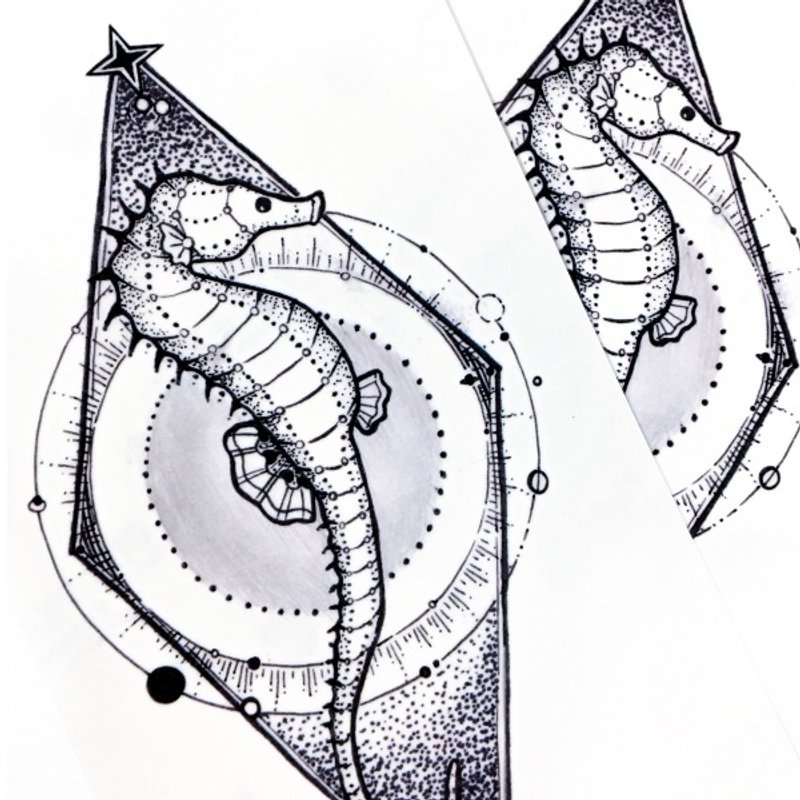 手绘插画动物刺青海马纹身贴纸黑白灰点线几何海洋海星银河太阳系 - 纹身贴 - 纸 黑色