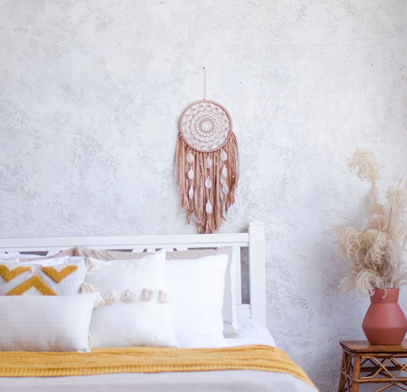 Large beige boho dream catcher, crochet doily bohemian wall decor, โบโฮนักล่าฝัน - 墙贴/壁贴 - 绣线 咖啡色