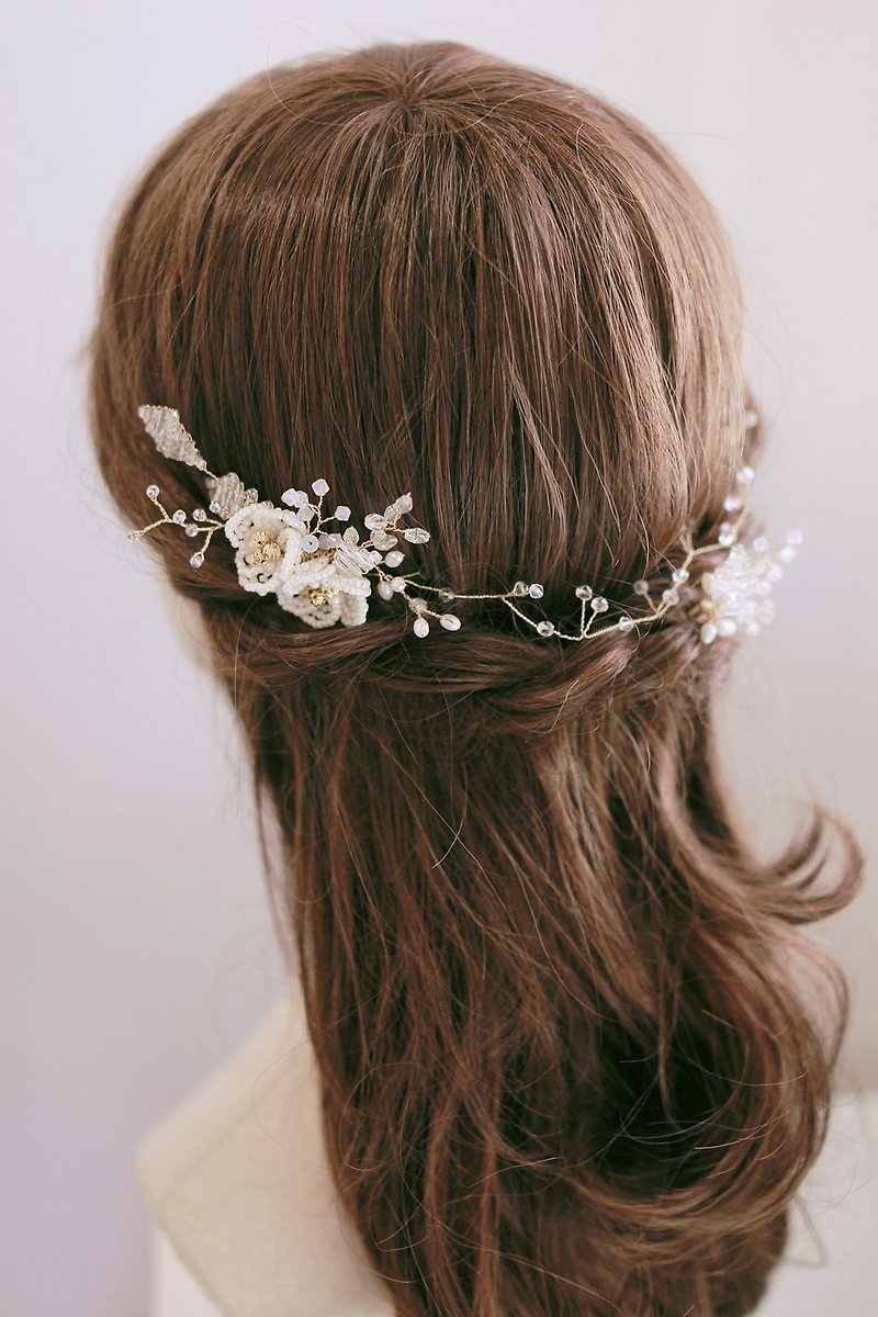 新娘头饰 - 华丽串珠花型款 Boho Bridal Headpiece(一套3件) - 发饰 - 玻璃 白色