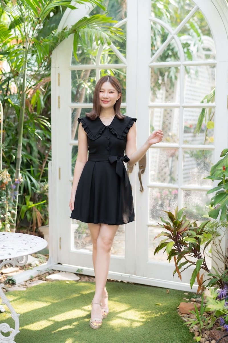 Julieta dress black dress party dress big collar ruffle trim vintage sundress - 洋装/连衣裙 - 聚酯纤维 黑色