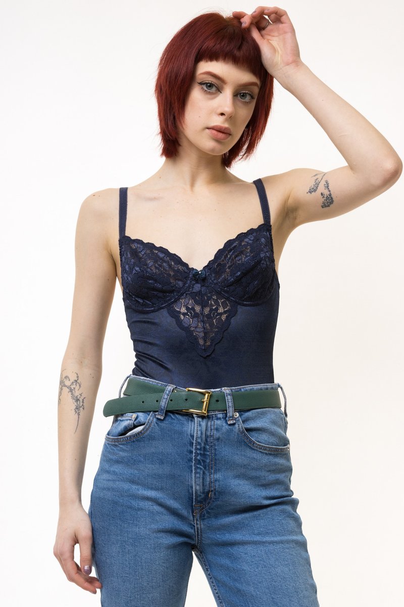 90s Vintage Blue Lace Body Lingerie Set Underwear Top size 75 Cup B - 女士内衣裤 - 其他材质 蓝色