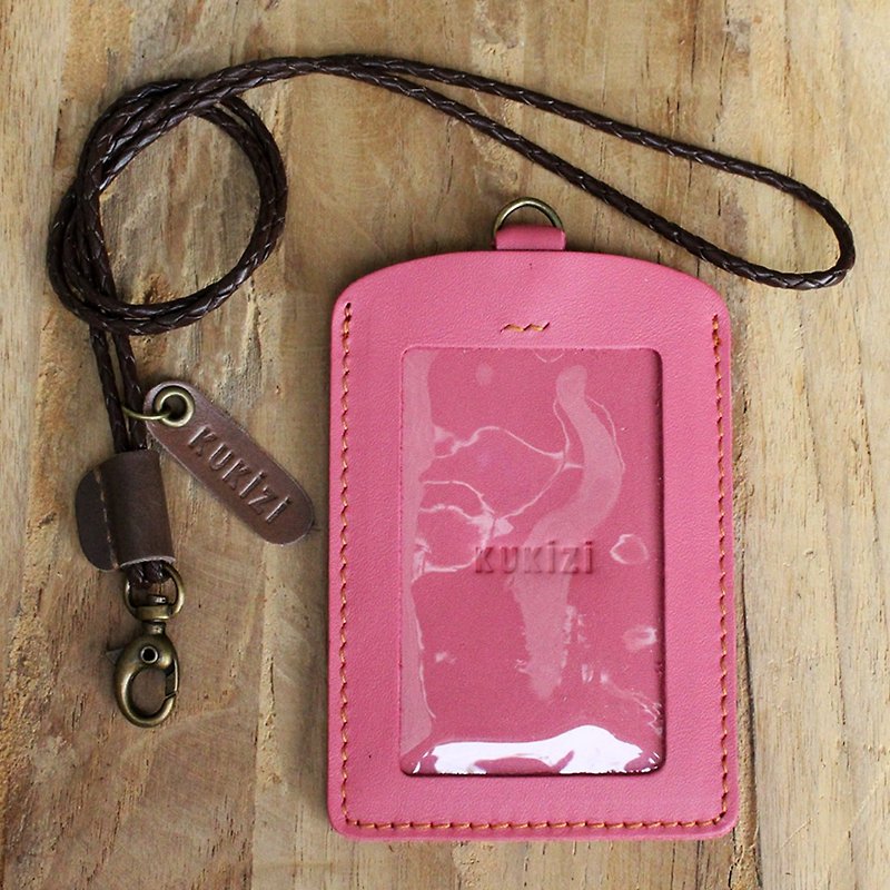 ID case/ Pass case/ Card case - ID 2 - Pink+Brown Lanyard (Genuine Cow Leather) - 证件套/卡套 - 真皮 
