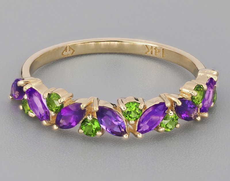 Half eternity ring with natural amethysts and chrom diopsides - 戒指 - 贵金属 金色