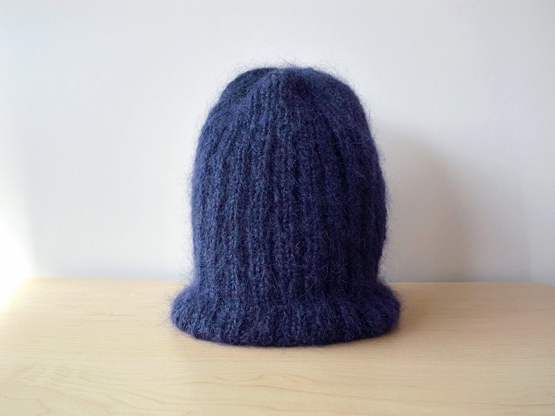 モヘアのリブ編みニット帽・ネイビー knitted hat - 帽子 - 其他材质 蓝色