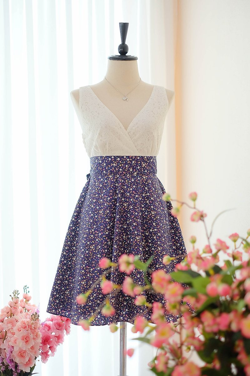 Navy floral cotton summer dress Vintage short sundress - 洋装/连衣裙 - 其他材质 蓝色