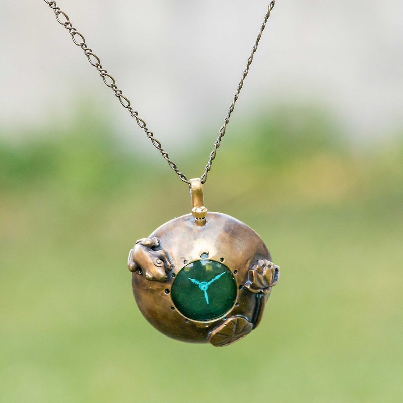 蓮を眺める蛙ネックレス時計Sラムネ - 女表 - 其他金属 绿色