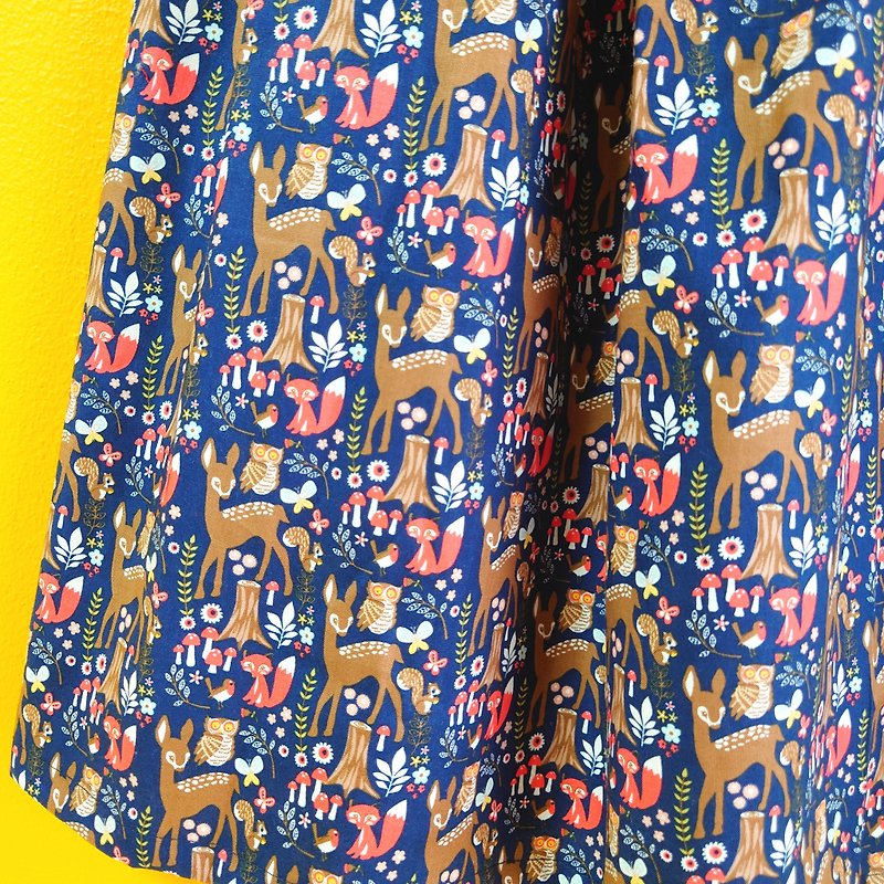 バンビときのこの森スカート USAコットン 日本製 Free size フクロウ きのこ - 裙子 - 棉．麻 蓝色