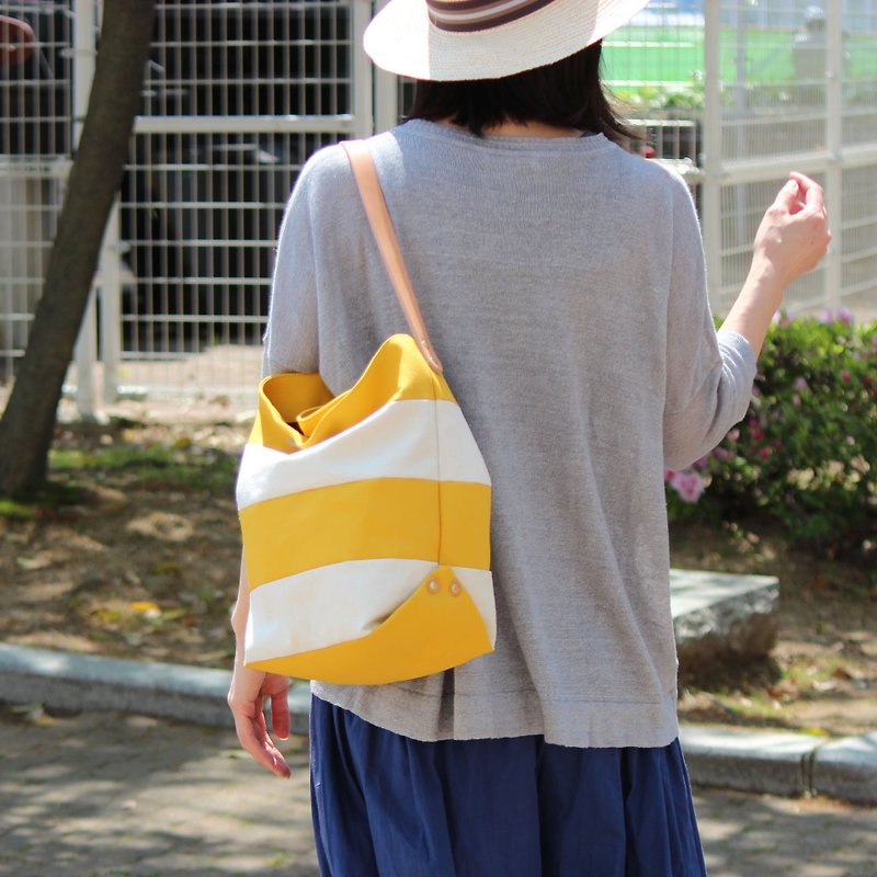 vacances:イエロー　倉敷帆布ボーダーバッグ - 手提包/手提袋 - 棉．麻 黄色