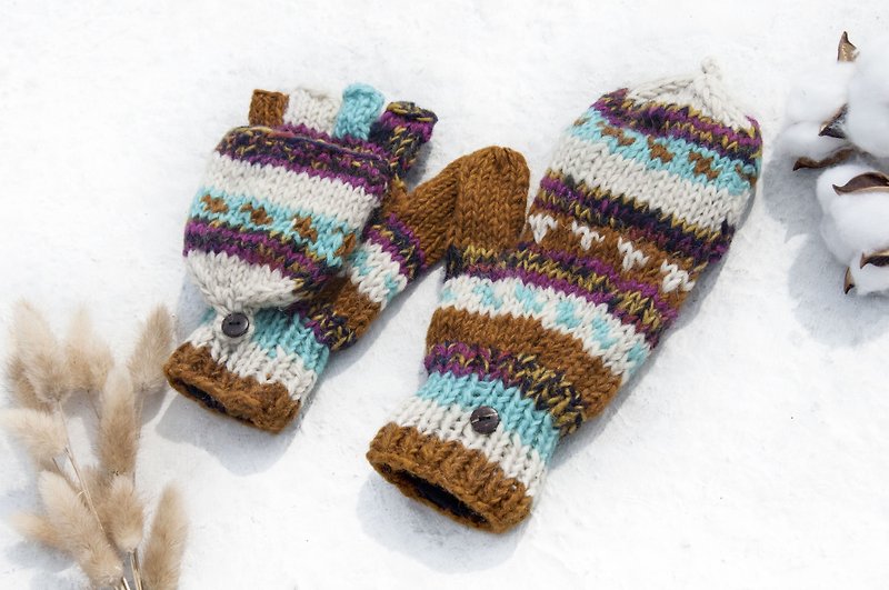 手织纯羊毛针织手套/可拆卸手套/内刷毛手套/保暖手套-沙漠缤纷乐 - 手套 - 羊毛 多色