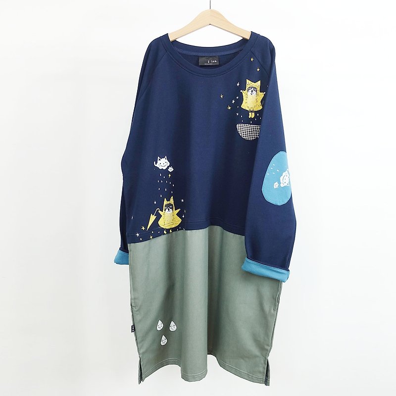 【星星猫】 长袖拼接口袋洋装 - 洋装/连衣裙 - 棉．麻 蓝色