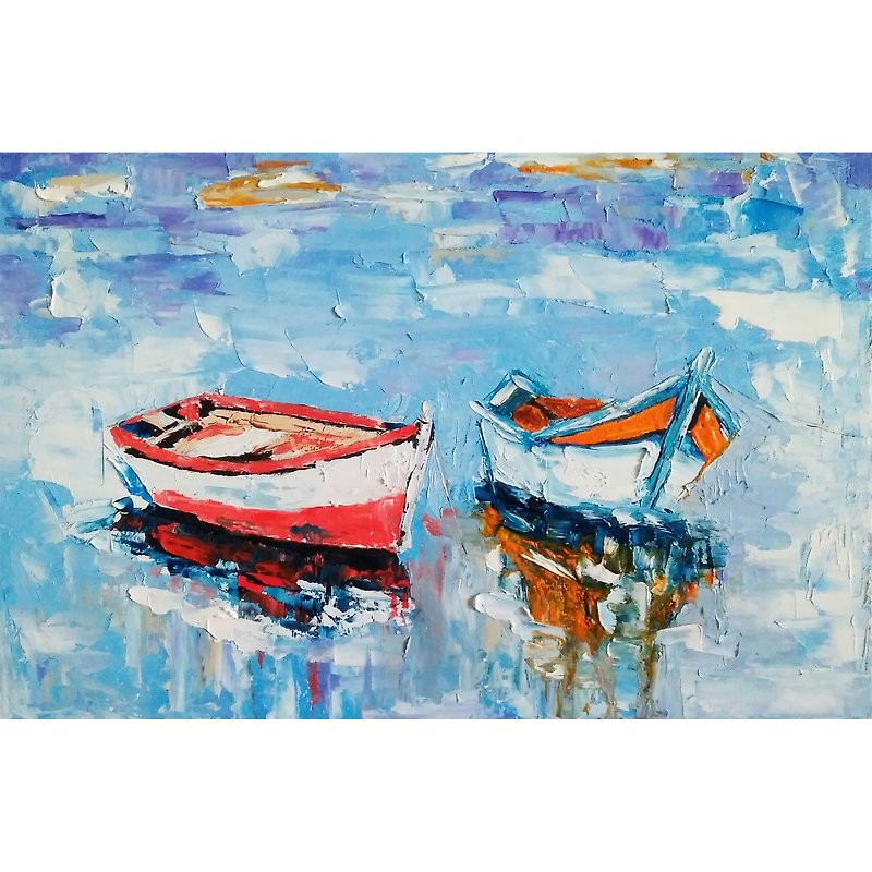 Boats Original Painting, Seascape Wall Art, Impasto Artwork, 手工油畫, 油畫原作 - 海报/装饰画/版画 - 其他材质 多色