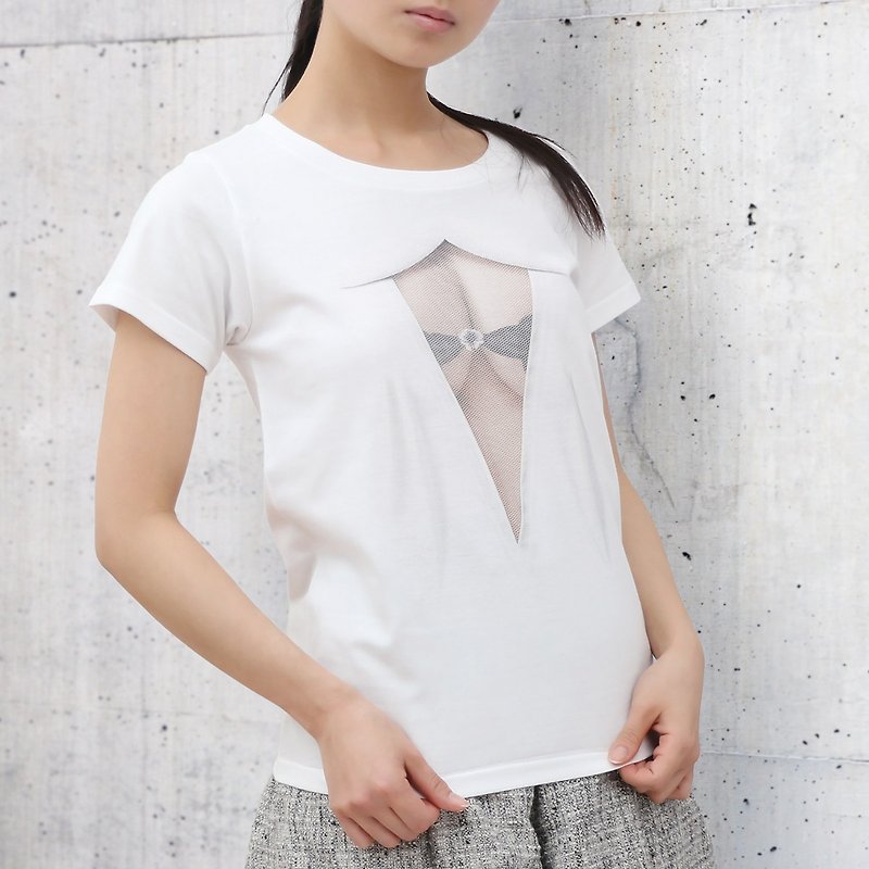 Mousou See-through T-shirt/ MESH WHITE/ WM size - 女装衬衫 - 棉．麻 白色