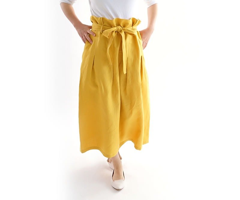 ベルギーリネン　ダブルループのタック スカート/クロムイエロー sk8-15 - 裙子 - 棉．麻 黄色