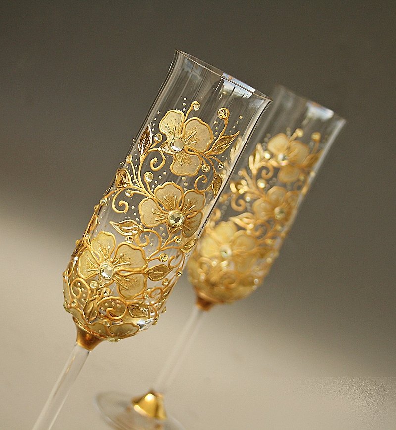 Wedding Champagne Glasses, Gold Flowers, Hand Painted, Set of 2 - 酒杯/酒器 - 玻璃 金色