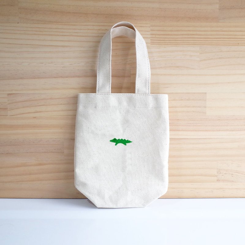 【Q-cute】饮料提袋系列-鳄鱼-可加字 - 随行杯提袋/水壶袋 - 棉．麻 绿色