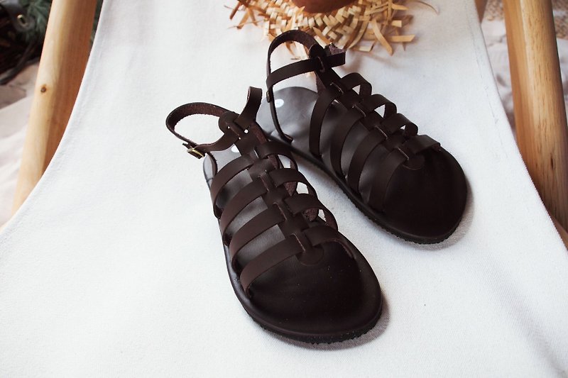 Gladiator Shoes Sling back sandal Brown leather shoe boho sandal summer bohemian - 女款皮鞋 - 真皮 咖啡色