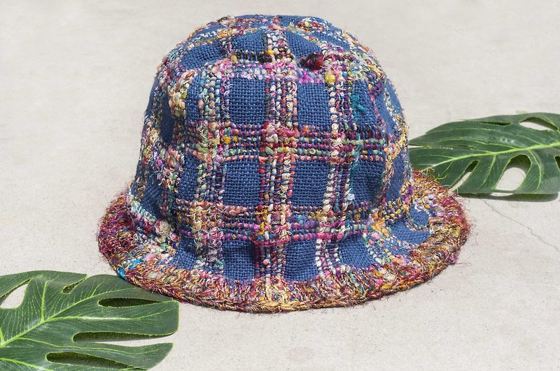 手工编织 手织棉麻帽 手工钩织渔夫帽 遮阳帽 拼布帽手工帽-彩虹 - 帽子 - 棉．麻 蓝色