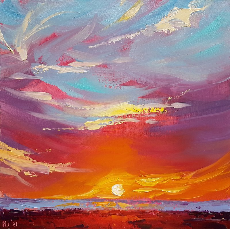 Cloud Oil Painting Original Skyscape Artwork Sunset Sky and Sun Wall Art - 海报/装饰画/版画 - 其他材质 红色