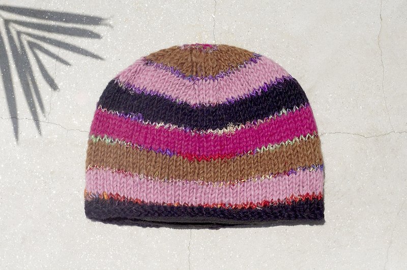手织纯羊毛帽 针织毛帽 内刷毛手织毛帽 毛线帽-彩虹色手捻纱丽线 - 帽子 - 羊毛 粉红色