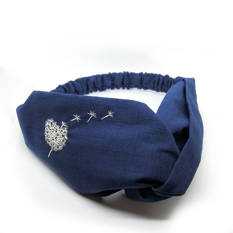 【壳艺品】蒲公英100%纯手作刺绣发带 - 发带/发箍 - 棉．麻 蓝色