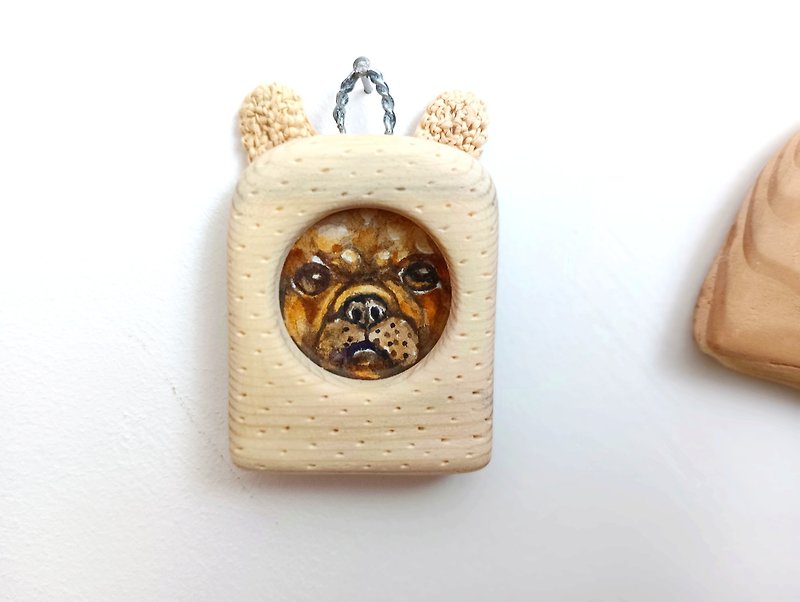 一只狗在手工雕刻框架中的原始水彩画 - 墙贴/壁贴 - 木头 咖啡色