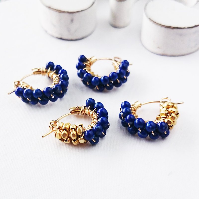 天然色 Lapis lazuli*gold bi-color wraped pierce/earring - 耳环/耳夹 - 宝石 蓝色