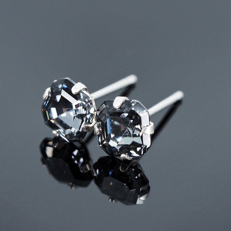 Midnight Black Swarovski Crystal Earrings, 925 Sterling Silver, 6mm Square, 女士耳釘 - 耳环/耳夹 - 纯银 黑色