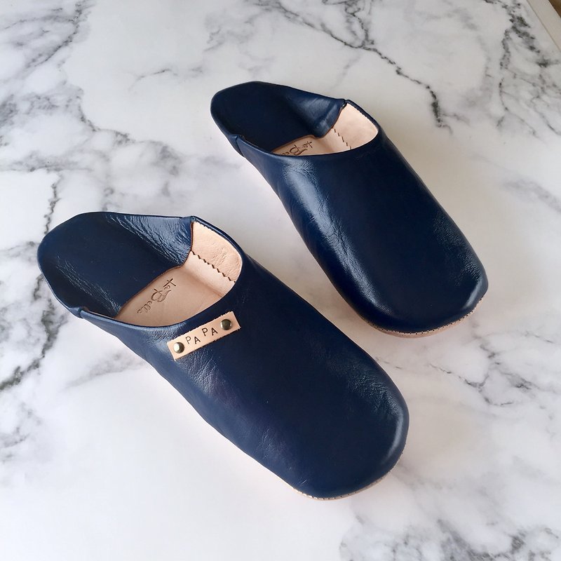 綺麗なバブーシュ (slippers)スリッパ　PAPA　ディープブルー　メンズ - 室内拖鞋 - 真皮 蓝色
